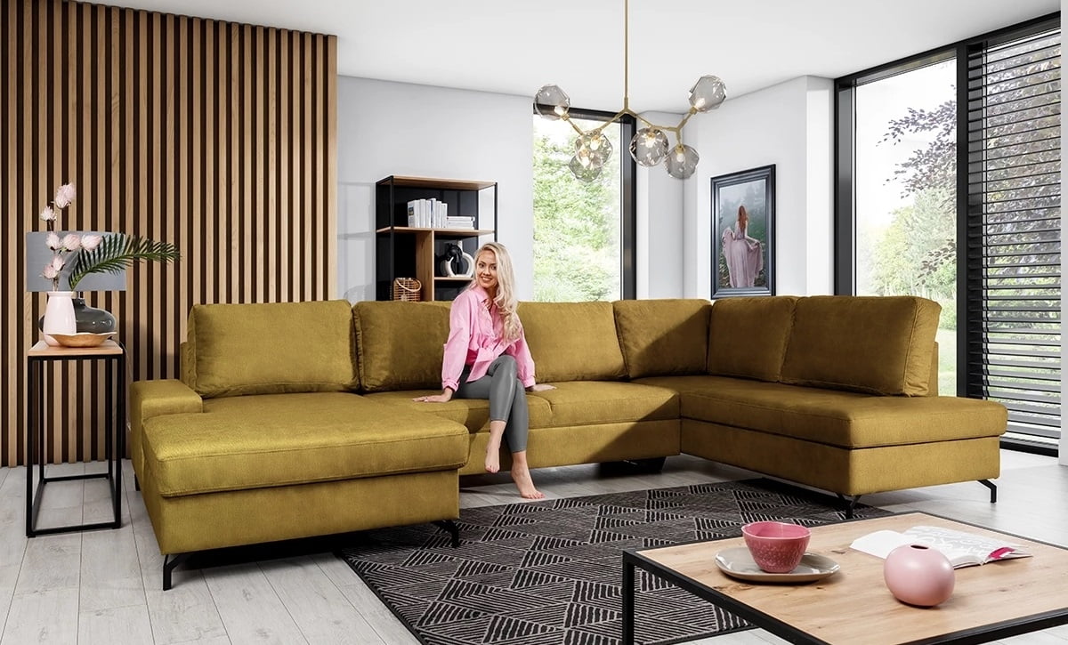 Rohová sedací souprava ve tvaru písmene U pravá pro každodenní spaní s mechanismem rozkládání typu delfín a úložným prostorem na lůžkoviny 
Rohová sedací souprava ve tvaru písmene U pravá pro každodenní spaní s mechanismem rozkládání typu delfín a úložným prostorem na lůžkoviny