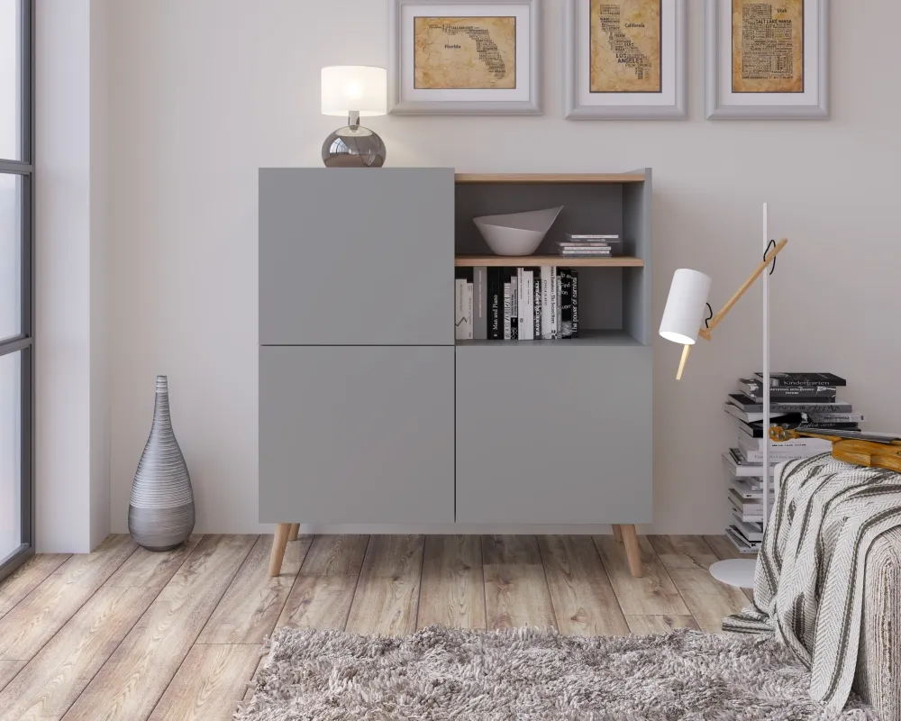 Moderní třídveřová komoda s otevřenými nikami do obývacího pokoje Skandi