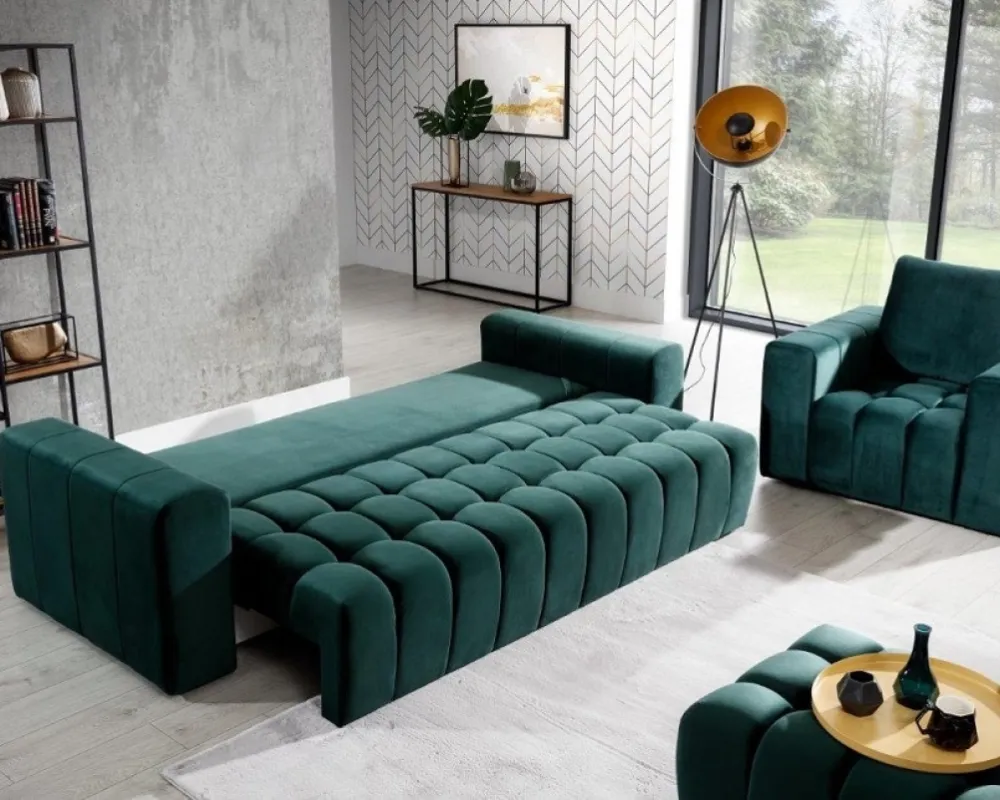 Sofa Lazaro z funkcją spania typu DL i pojemnikiem na pościel
