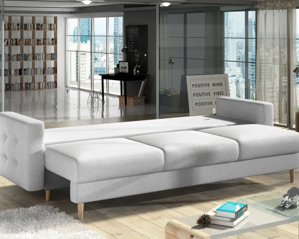 Pikowana sofa Asgard z funkcją spania typu DL i pojemnikiem na pościel