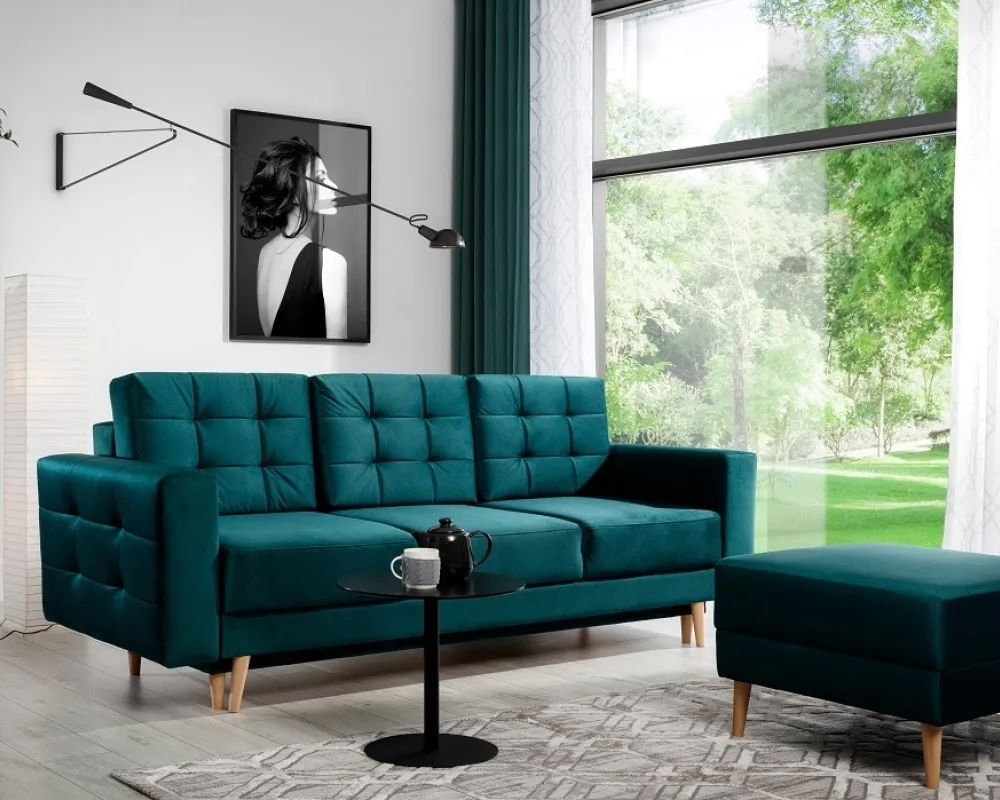 Pikowana sofa Asgard z funkcją spania typu DL i pojemnikiem na pościel