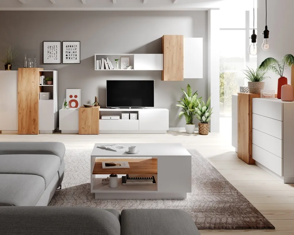 Moderní obývací stěna se závěsnými skříňkami a TV stolkem do obývacího pokoje 3D