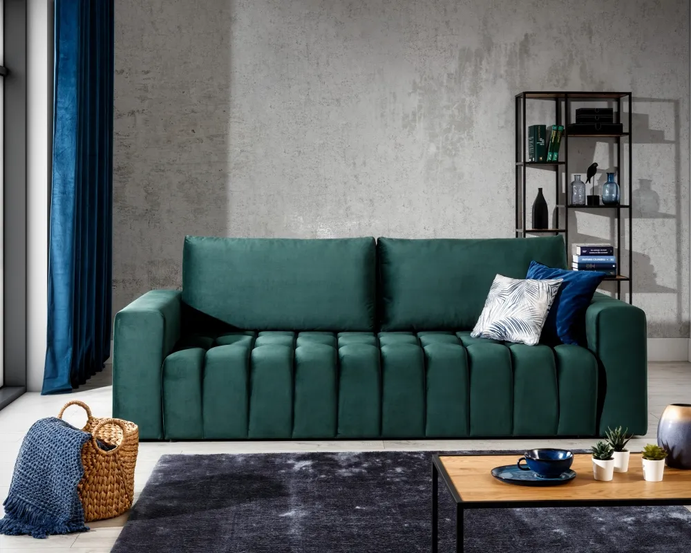 Sofa Lazaro z funkcją spania typu DL i pojemnikiem na pościel