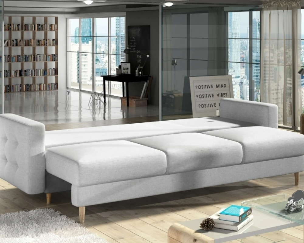 Pikowana sofa Asgard z funkcją spania typu DL i pojemnikiem na pościel