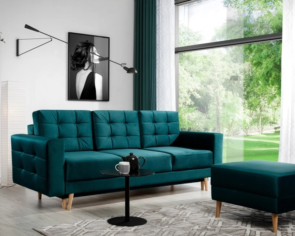 Pikowana sofa Asgard z funkcją spania typu DL i pojemnikiem na pościel