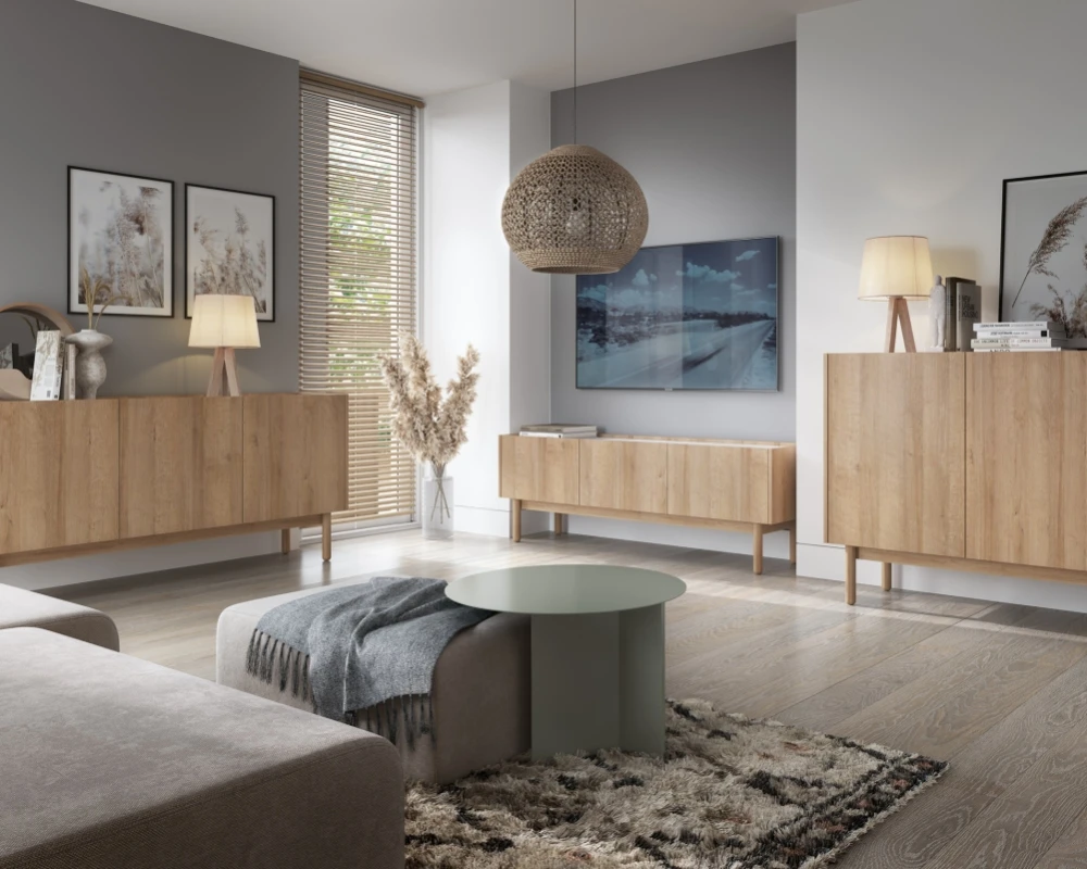Nowoczesna komoda trzydrzwiowa na nóżkach do salonu Boho