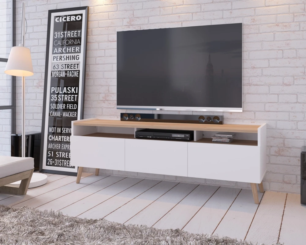 Moderní TV stolek se zásuvkami a otevřenými přihrádkami pod deskou do obývacího pokoje Skandi