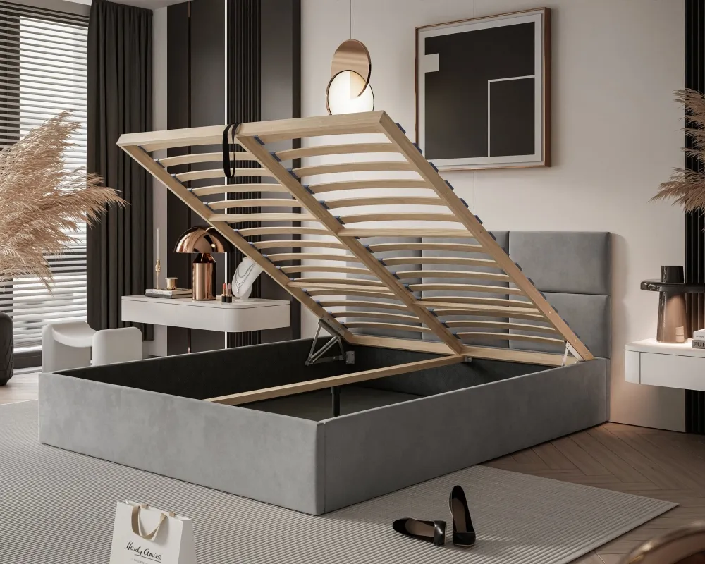 Łóżko tapicerowane Porto 140x200 z pojemnikiem i eleganckim zagłówkiem