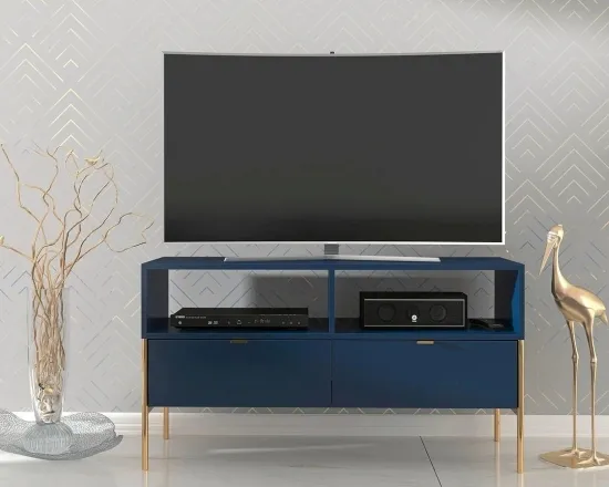 Elegantný tmavomodrý TV stolík Polička na zlatých nožičkách