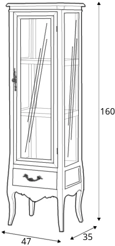 Elegantní prosklená vitrína se zásuvkou na nožkách do obývacího pokoje Merano