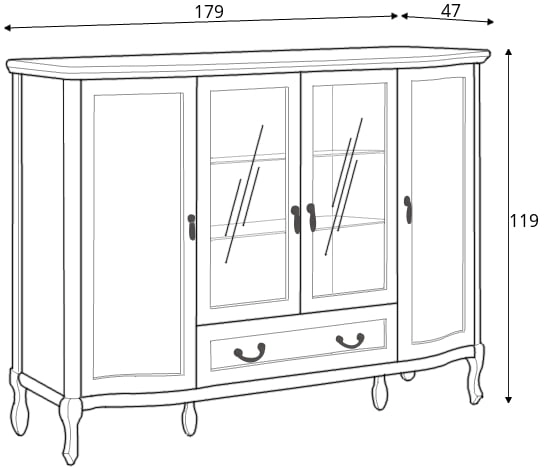 Prosklená 4-dvířkovová komoda v klasickém stylu se zásuvkou do obývacího pokoje Gerard