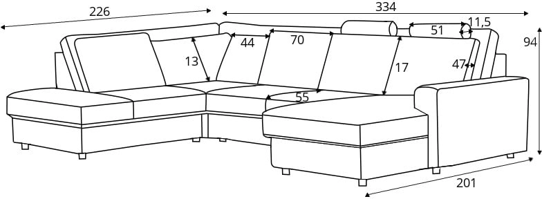 Modulová sedací souprava levá ve tvaru písmene U pro každodenní spaní s mechanismem rozkládání typu delfín a 2 úložnými prostory na lůžkoviny Calluna 