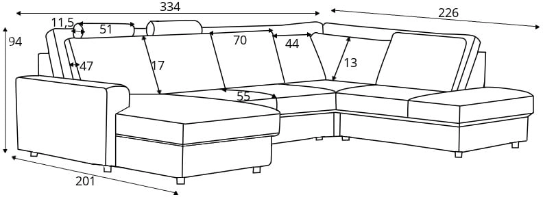 Modulová sedací souprava pravá ve tvaru písmene U pro každodenní spaní s mechanismem rozkládání typu delfín a 2 úložnými prostory na lůžkoviny Calluna 