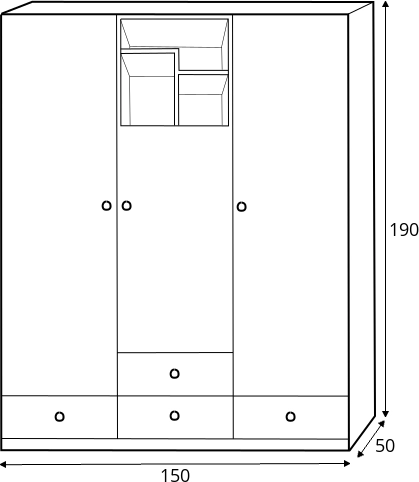 Třídvířková šatní skříň s výklenky a zásuvkami do studentského / dětského pokoje Pixel