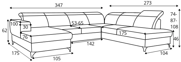 Rohová sedací souprava pravá ve tvaru písmene U pro každodenní spaní s mechanismem rozkládání typu delfín a úložným prostorem na lůžkoviny Bellami U II