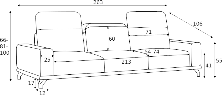 Sofa 3-osobowa Sola z regulowaną głębokością siedziska