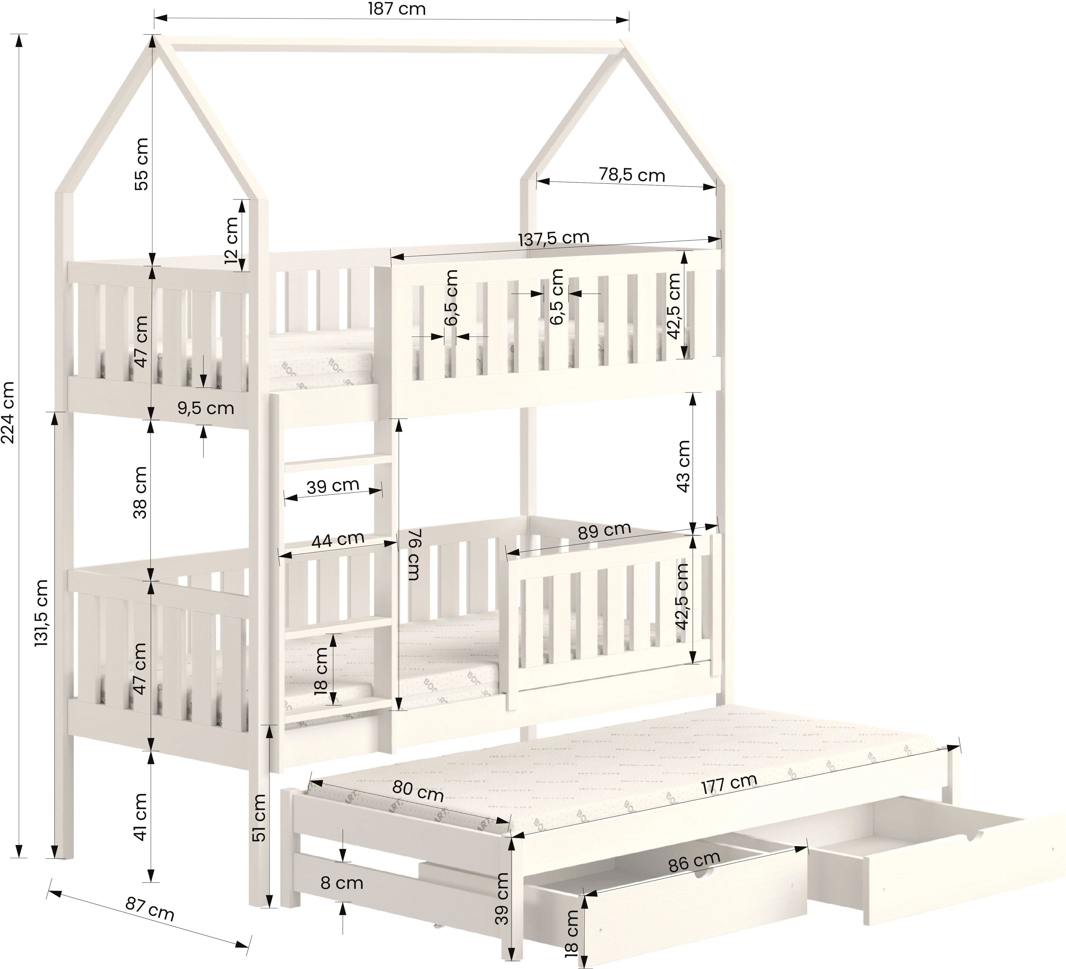 Patrová postel ve tvaru domečku s přídavnou postelí do dětského pokoje Nemo 80x180
