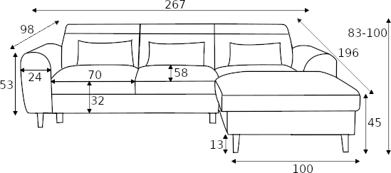 Pravá rohová pohovka Foble s rozkladem typu DL a úložným prostorem