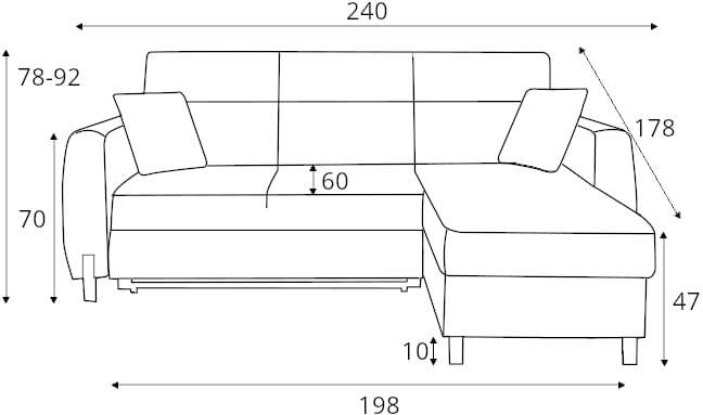 Rohová sedací souprava levá/pravá s rozkladem s výsuvným šuplíkem a s úložným prostorem