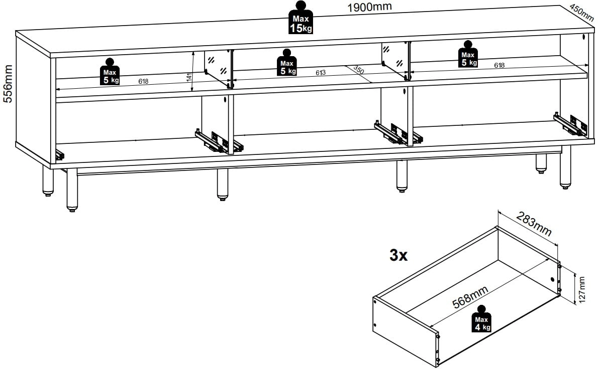 Szafka RTV Gap 190 cm z 3 szufladami