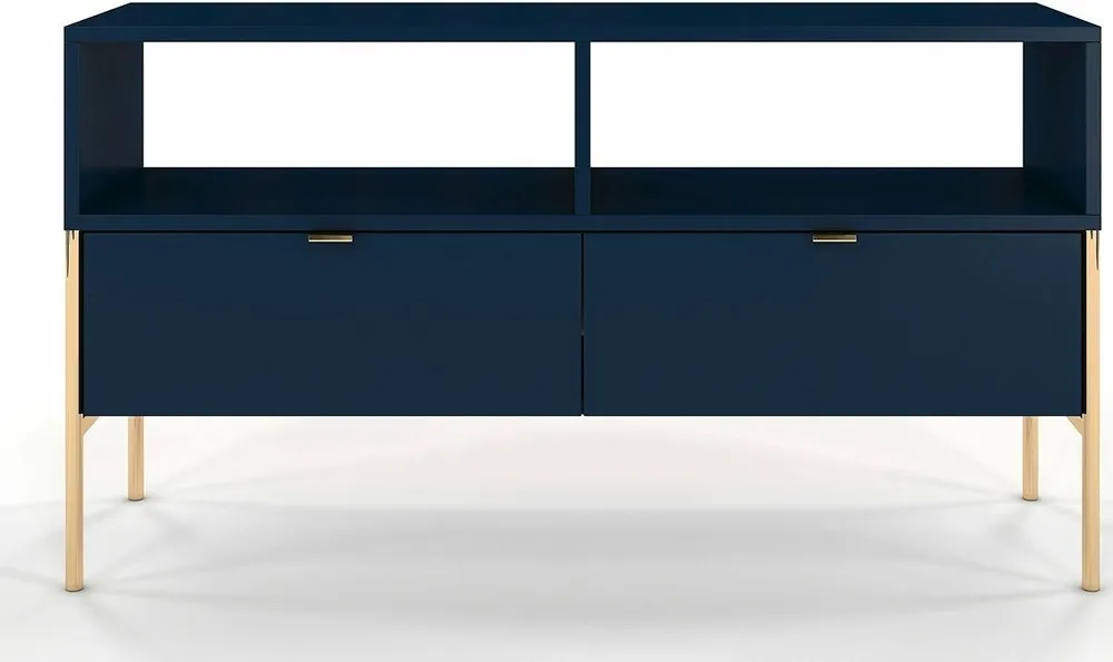 Elegancka granatowa szafka rtv Polka na złotych nóżkach