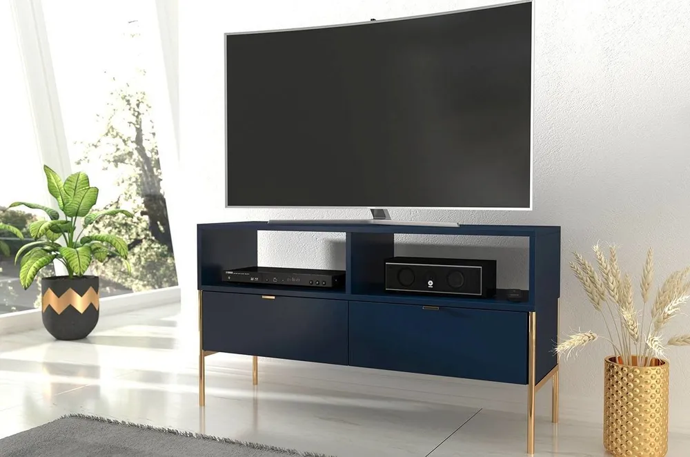 Elegantní tmavě modrý TV stolek Polka se zlatými nohami