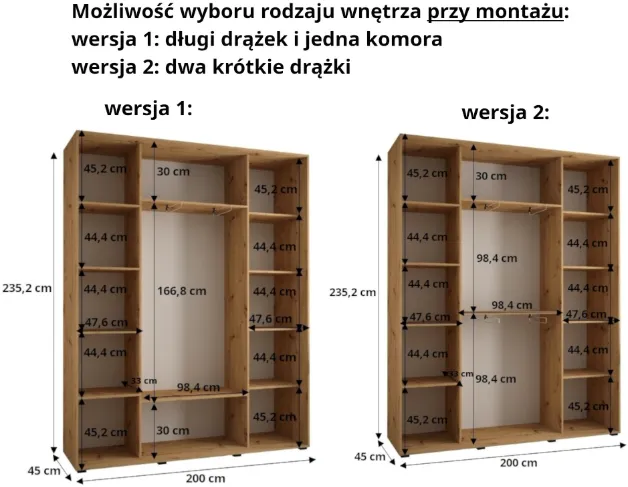 Szafa przesuwna wysoka Dakota 8 200 głębokość 45 cm wysokość 235,2 cm