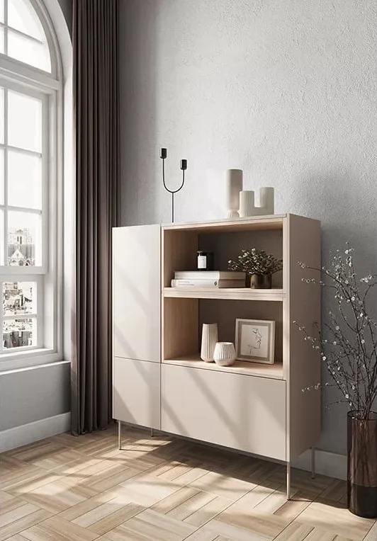 Komoda Desin wysoka 120 cm z szafką, półkami oraz szufladą
