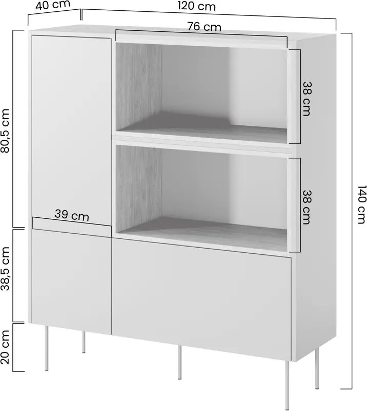 Komoda Desin wysoka 120 cm z szafką, półkami oraz szufladą