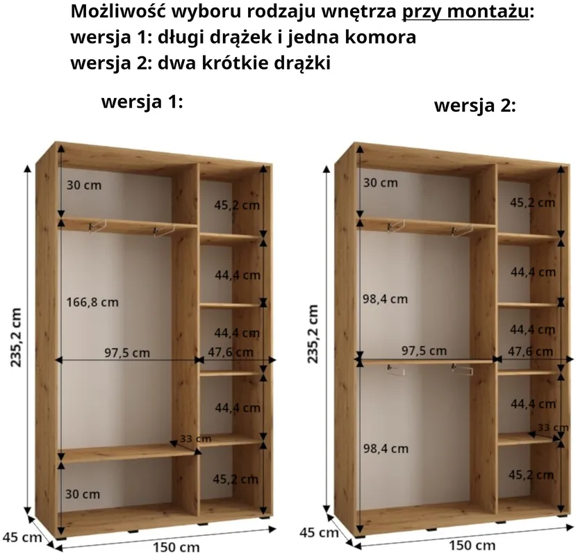Skriňa s posuvnými dverami so zrkadlom Dakota 5 150 cm 45 cm hĺbky