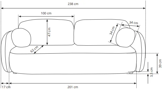 Sofa Olio z funkcją spania typu DL i pojemnikiem na pościel