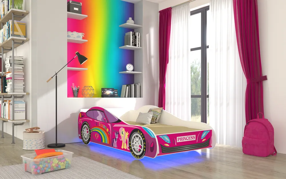 Postel s matrací a osvětlením Car Pink 140