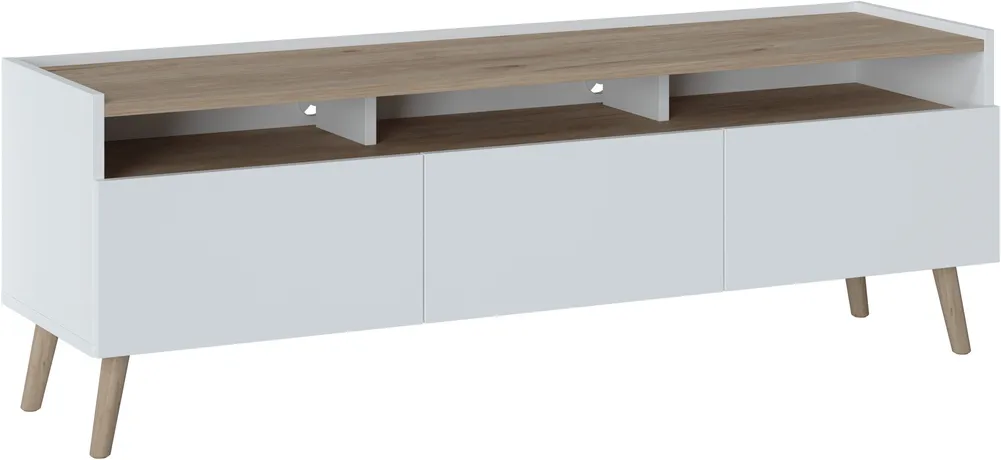 Moderní TV stolek se zásuvkami a otevřenými výklenky pod deskou stolu do obývacího pokoje Skandi
