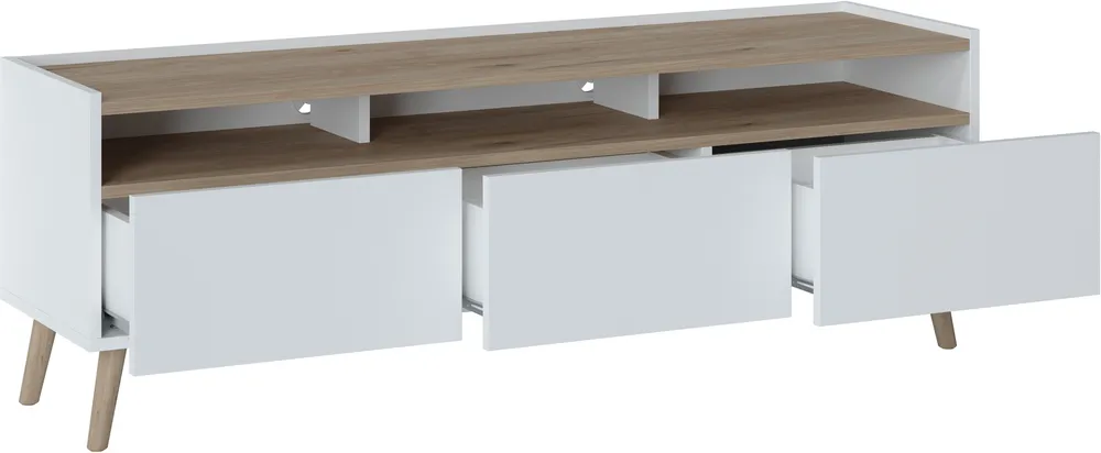Moderní TV stolek se zásuvkami a otevřenými výklenky pod deskou stolu do obývacího pokoje Skandi