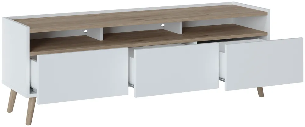 Moderný TV stolík so zásuvkami a otvorenými výklenkami pod doskou do obývačky Skandi