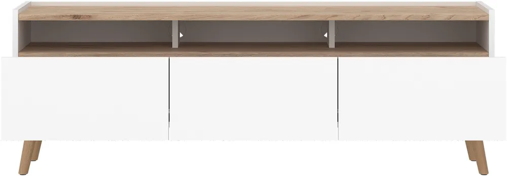Moderní TV stolek se zásuvkami a otevřenými výklenky pod deskou stolu do obývacího pokoje Skandi