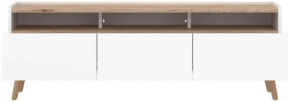 Moderný TV stolík so zásuvkami a otvorenými výklenkami pod doskou do obývačky Skandi