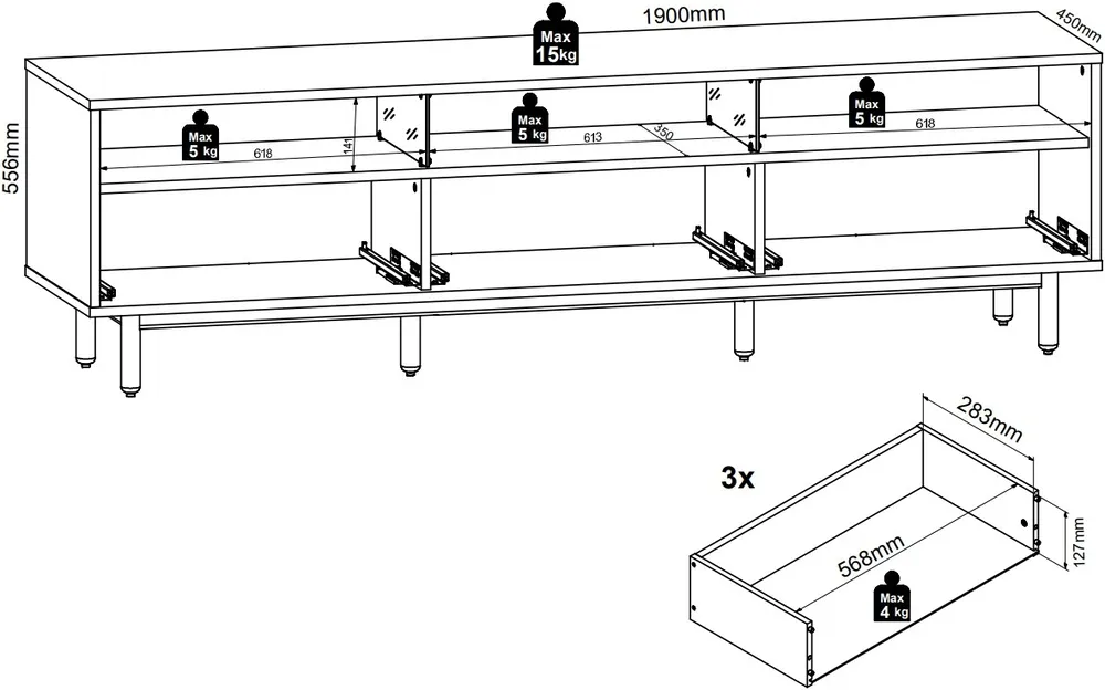 Szafka RTV Gap 190 cm z 3 szufladami