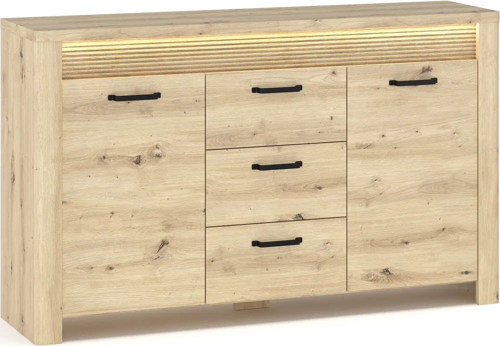 Dvoukřídlá komoda Moris se třemi zásuvkami a LED osvětlením