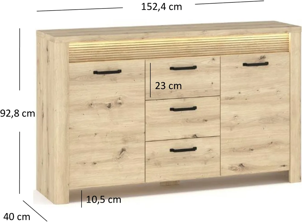 Komoda Moris dwudrzwiowa z trzema szufladami oraz oświetleniem LED