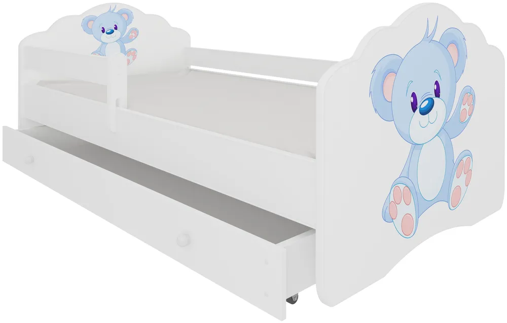 Posteľ s matracom, zábrankou a zásuvkou Casimo Blue Bear 140 cm