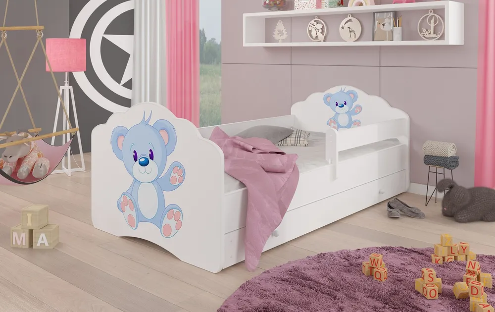Łóżko z materacem, barierką i szufladą Casimo Blue Bear 140