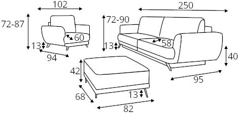 Zestaw Megis - fotel, sofa oraz pufa