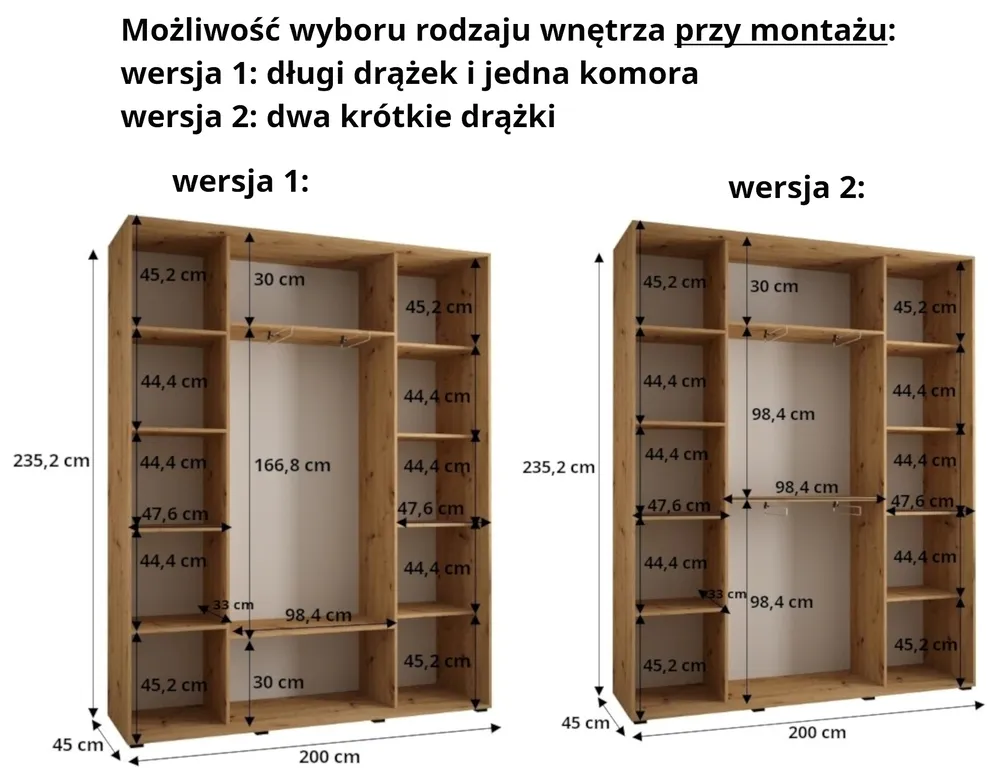 Skriňa s posuvnými dverami so zrkadlom Davos 5 200 cm 45 cm hĺbky