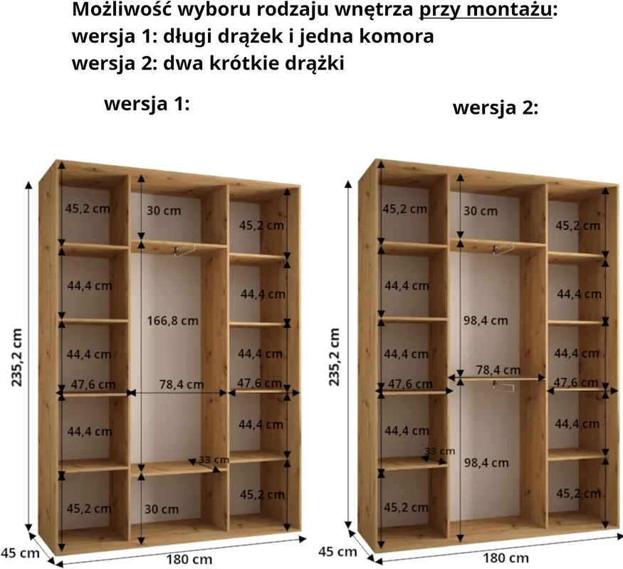 Szafa przesuwna z lustrem wysoka Davos 3 180 głębokość 45 cm