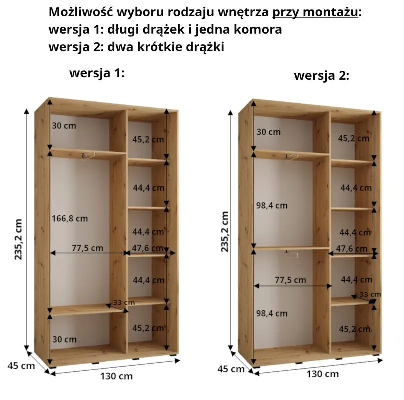 Szafa przesuwna wysoka Dakota 12 130 głębokość 45 cm wysokość 235,2 cm
