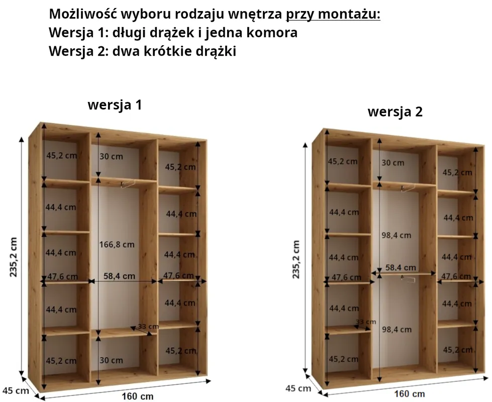 Szafa przesuwna z lustrem wysoka Davos 3 160 głębokość 45 cm