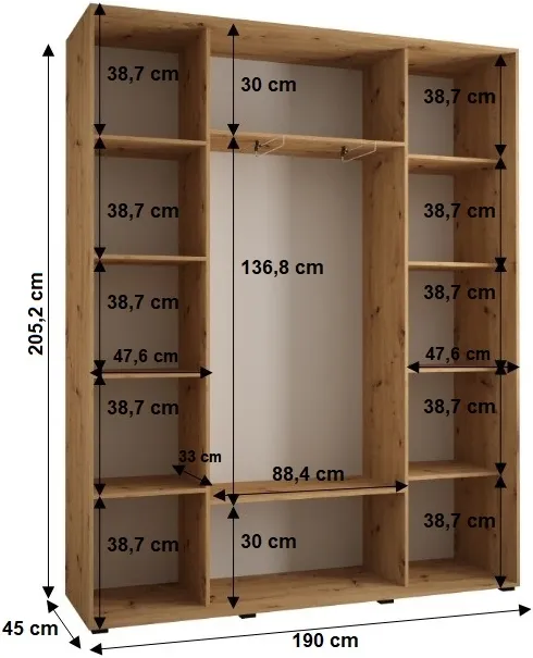 Šatní skříň s posuvnými dveřmi a zrcadlem Sapporo 2 190, hloubka 45 cm