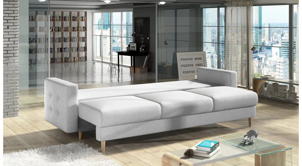 Pikowana sofa Asgard z funkcją spania typu DL i pojemnikiem na pościel