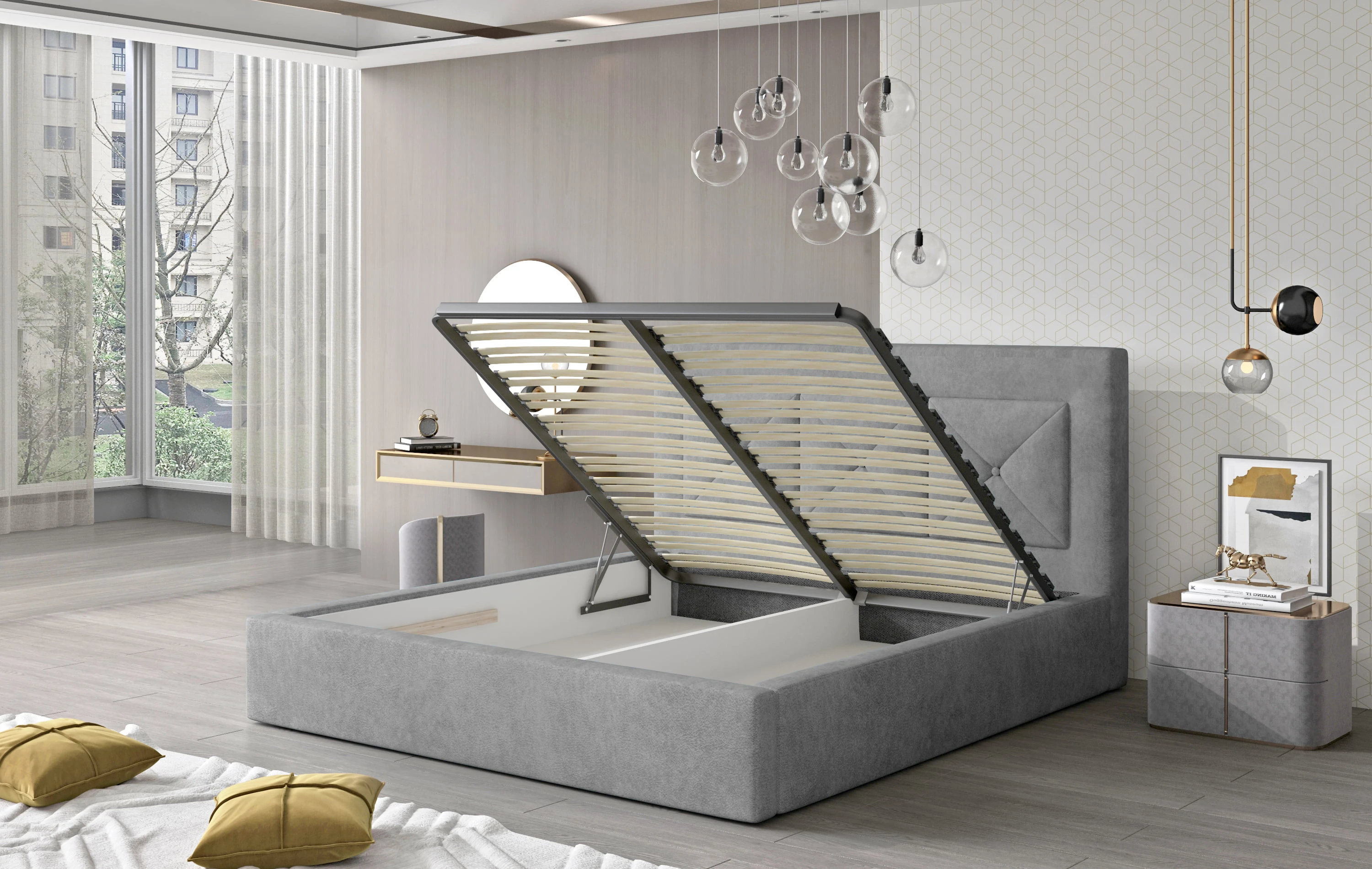 Čalouněná postel do ložnice 160 Cloe (kovový rošt, plynové písty, úložný prostor)